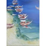 20TH CENTURY SCHOOL 'Boats along the coast', mixed media on canvas, signed, 125cm x 90cm.