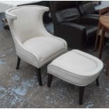 ARMCHAIR, in neutral fabric, studded, on square supports, 63cm W plus matching footstool.