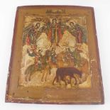 OLD ICON DEPICTING FIGURES AND HORSES, painted on wooden panel, 26.5cm x 31cm H.