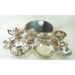 SILVER PLATED WARES, including serving tray, pair of comports, sauce boats, rose bowl,