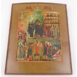 19TH CENTURY RUSSIAN ICON, depicting saintly figures in allegorical scenes, painted on wooden panel,