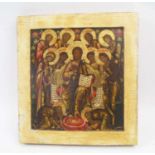 19TH CENTURY RUSSIAN DEISIS ICON, painted on wooden panel, 30cm H x 28cm W.
