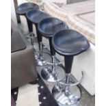 BAR STOOLS, a set of four, black and chrome swivel action, 38cm x 84cm H.