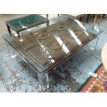 PERSPEX LOW TABLE , the glass top over panelled wooden doors, 110cm x 157cm x 45cm H.