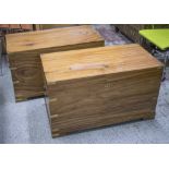 TRUNKS, a pair, camphorwood and brass bound with hinged tops, 54cm H x 91cm x 38cm.