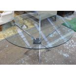 DINING TABLE, circular glass top on metal columned central support, 120cm diam.