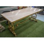 CENTRE TABLE, Art Deco gilded iron with rectangular marble top on scroll and stretchered supports,