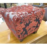 FOOTSTOOL, of square form, with raised velvet floral pattern on square supports,