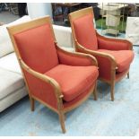 ROCHE BOBOIS CHAIRS, a pair, with russett upholstery and carved show frames, each 62cm x 95cm H.
