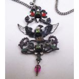19TH CENTURY SILVER AND ENAMEL HERALDIC PENDANT, possibly Austrian, set with emeralds, 7.