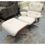 LOUNGE CHAIR, in the style of Charles Eames, in cream on chromed swivel supports, 81cm W,