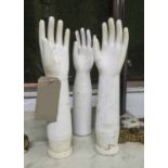 MID 20TH CENTURY SPANISH FACTORY RUBBER GLOVE MOULD BLOCKS, a set of three,