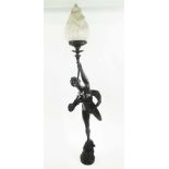 BRONZE FIGURAL LAMP, depicting a nude woman with cornucopia, flambe glass shade, 96cm H.