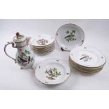 MEISSEN BIRD DECORATED CERAMICS, comprising seven dinner plates, eight 'two' bird soup bowls,