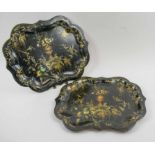 TRAYS, a pair, Victorian black Japanned papier mache painted and gilded with vases of flowers,