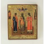 19TH CENTURY RUSSIAN ICON, depicting three saintly figures, painted on wooden panel, 30.5cm H x 26.