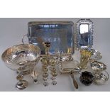 SILVER PLATED WARES, a miscellany, including drinks tray, punch bowl, small goblets,