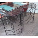 CONSOLES, a pair, semi-circular iron and wirework with lattice top, 85cm W x 40cm D x 82cm H.