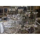 GLASSWARES, including pair of Stuart storm light shades, table candelabrum, engraved bowl, etc.