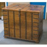 CHEST, Indian teak and iron bound with hinged top and side handles, 80cm H x 93cm x 75cm.