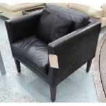 SMALL ARMCHAIR, in black leather with cowhide sides, on square supports, 66cm W.