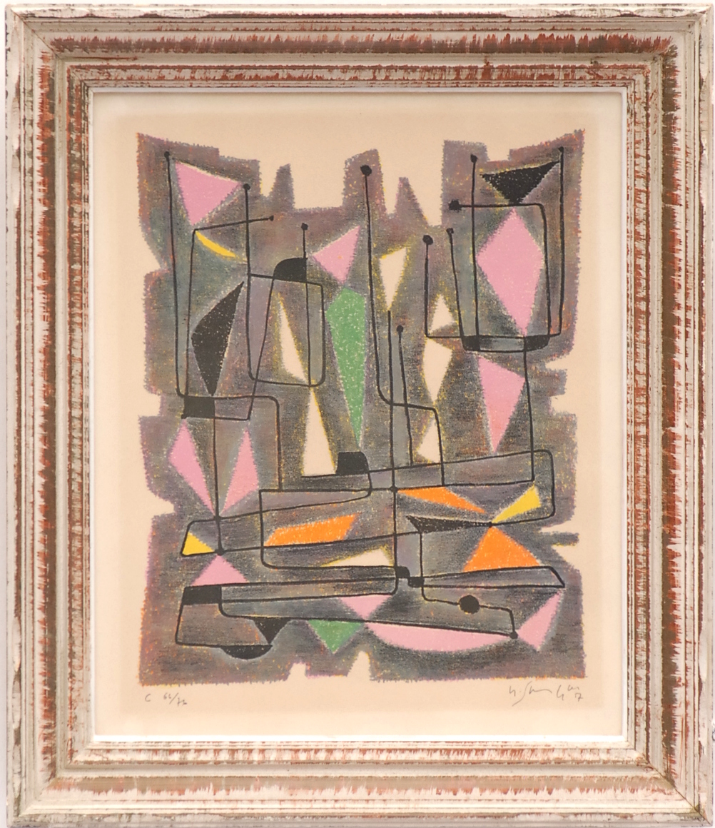 GUSTAVE SINGIER 'Abstract in colours', handsigned lithograph, 1957, 45cm x 37cm, framed and glazed.