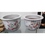 CHINESE STYLE FLOWER POTS, with floral decoration, 15cm diam x 11cm H.