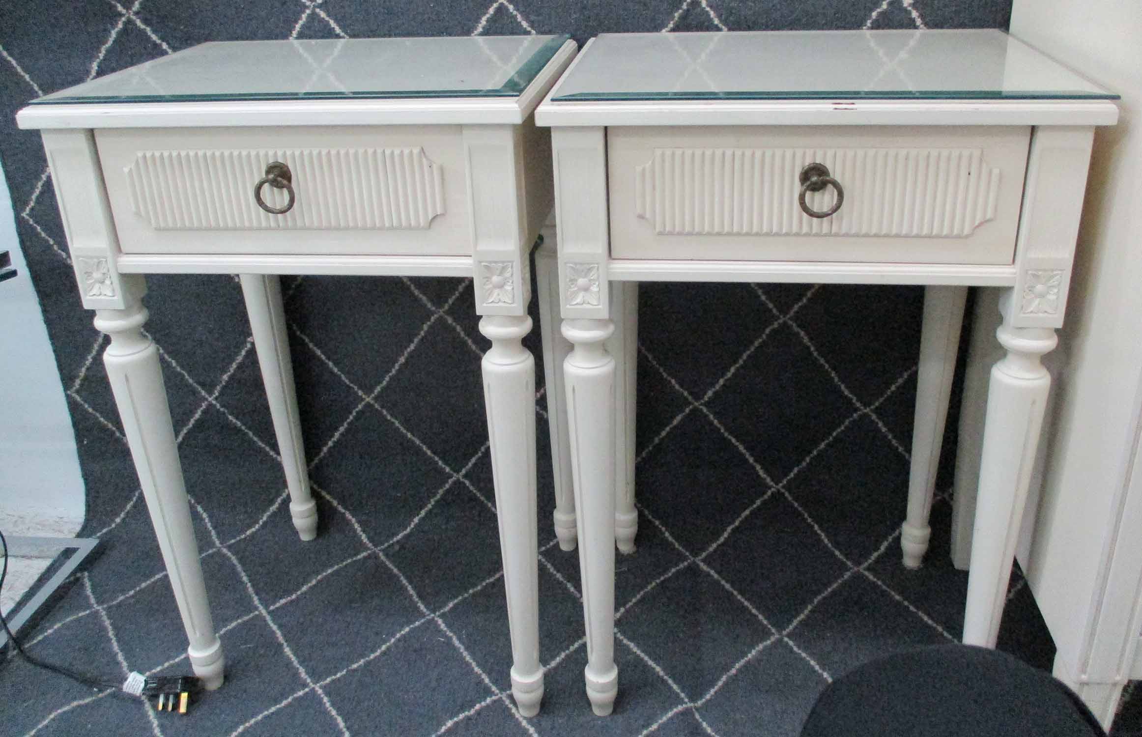 BEDSIDE TABLES, a pair, Nordic style in cream with drawer below on turned supports,