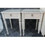 BEDSIDE TABLES, a pair, Nordic style in cream with drawer below on turned supports,