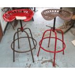 METAL 'TRACTOR SEAT' STOOLS, a pair, with adjustable heights, painted finish,