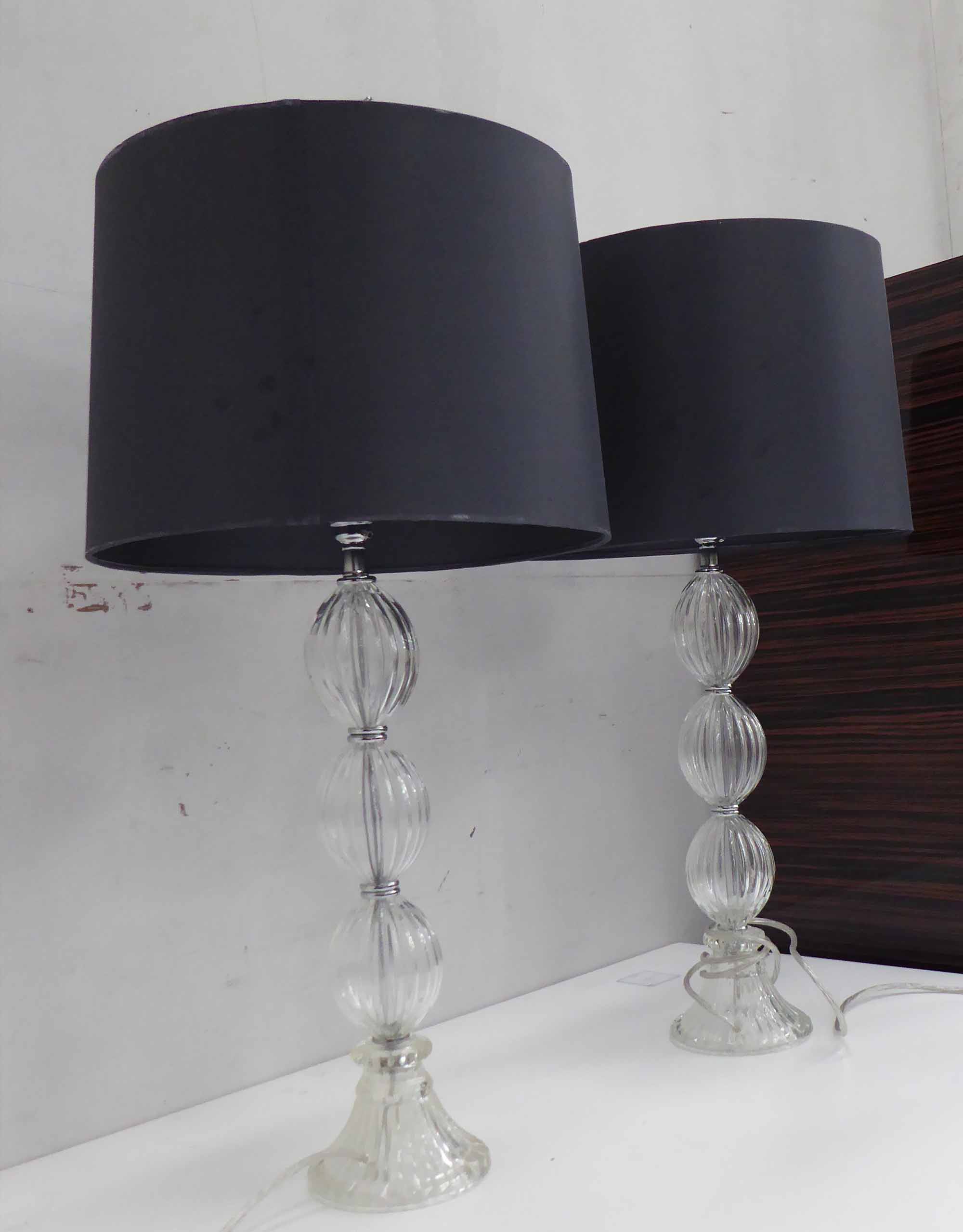 GLASS LAMPS, a pair, ribbed bases, each 70cm H, includes shade.