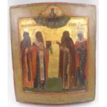 19TH CENTURY RUSSIAN ICON, depicting conversing figures, painted on wooden panel, 31cm H x 27.5cm.