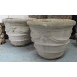 CAMPANA URNS, a pair, in reconstituted stone by A D Delstone, 75cm diam x 59cm H.