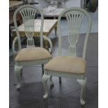 DINING CHAIRS, a set of six, painted splat back with cabriole supports including two armchairs.