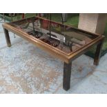 LOW TABLE, 1970's brass with glass top, mirrored accents, (slight faults), 53cm x 108cm x 32cm.