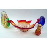 COLOURFUL MURANO GLASSWARES, comprising of three various vases and a naturalistic bowl,