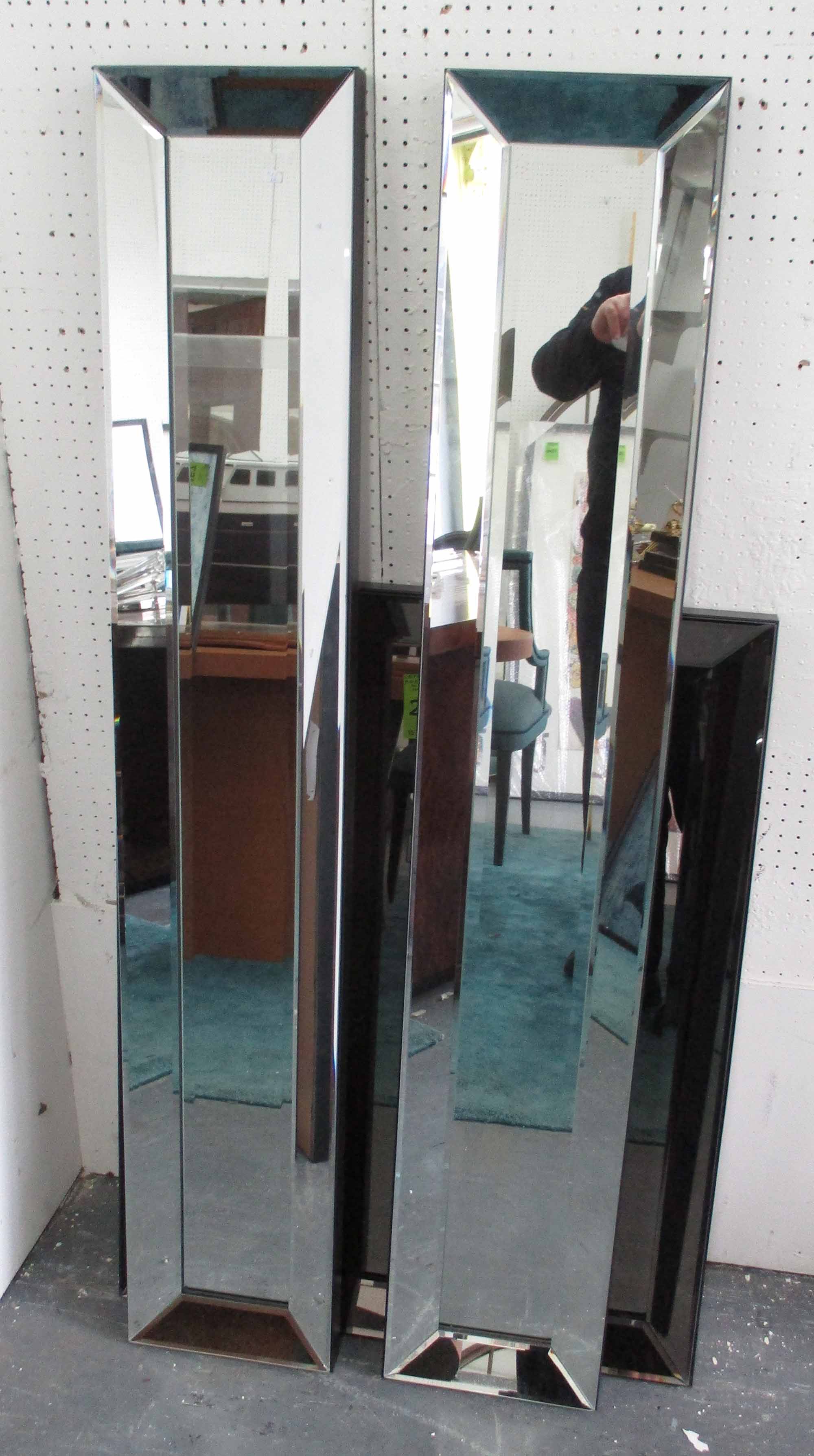 PIER MIRRORS, a pair, bevelled plate with mirrored surround, 141cm x 25cm.