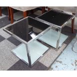 SIDE TABLES, a pair, of square form with black glass tops on chromed metal frames,