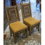 SIDE CHAIRS, two Moorish hardwood and bone inlaid with pale yellow velvet upholstered seats.