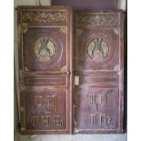 ASIAN DOORS, a pair, red lacquer with carved gilt detail script and circular glazed panels,