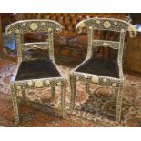 SIDE CHAIRS, two Moorish style, bone inset with drop-in velvet seats.