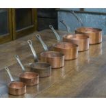 BATTERIE DE CUISINE, a graduated set of seven copper saucepans with iron handles, largest 18cm D.