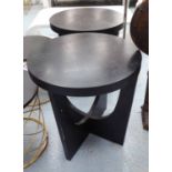 OCCASIONAL TABLES, a pair, circular wooden on shaped supports 55cm diam x 56cm H.