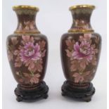 ORIENTAL CLOISONNE VASES, of baluster form, decorated chrysanthemum blooms on a brown ground,