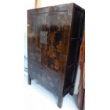 CHINESE CABINET, antique effect black lacquer fitted interior on square supports,
