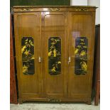 TRIPLE WARDROBE, early 20th century, mahogany and black lacquered gilt chinoiserie panels,
