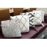 CUSHIONS, five in cream velvet with geometric design, 57cm x 57cm.