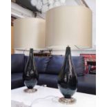 PORTA ROMANA CHIANTI TABLE LAMPS, a pair, in black glass on chrome metal mounts with shades, 78cm H.