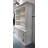 OPEN DISPLAY BOOK/DISPLAY CASE, with shelves above and cupboards below in a white painted finish,