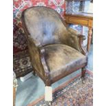 LIBRARY ARMCHAIR, circa 1820, George IV mahogany in later brown leather upholstery.